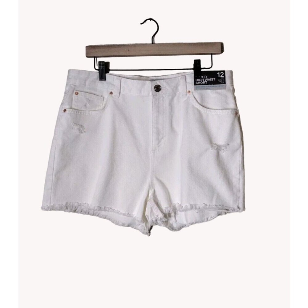 Denim Co Shorts 12 Distressed Raw Hem Super High Waist White